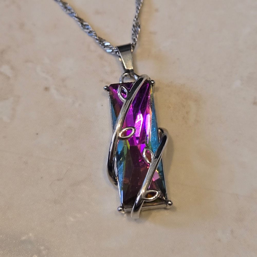 Rainbow Iridescent Crystal Vine Pendant Necklace Silver Chain Fairy Ren Fair